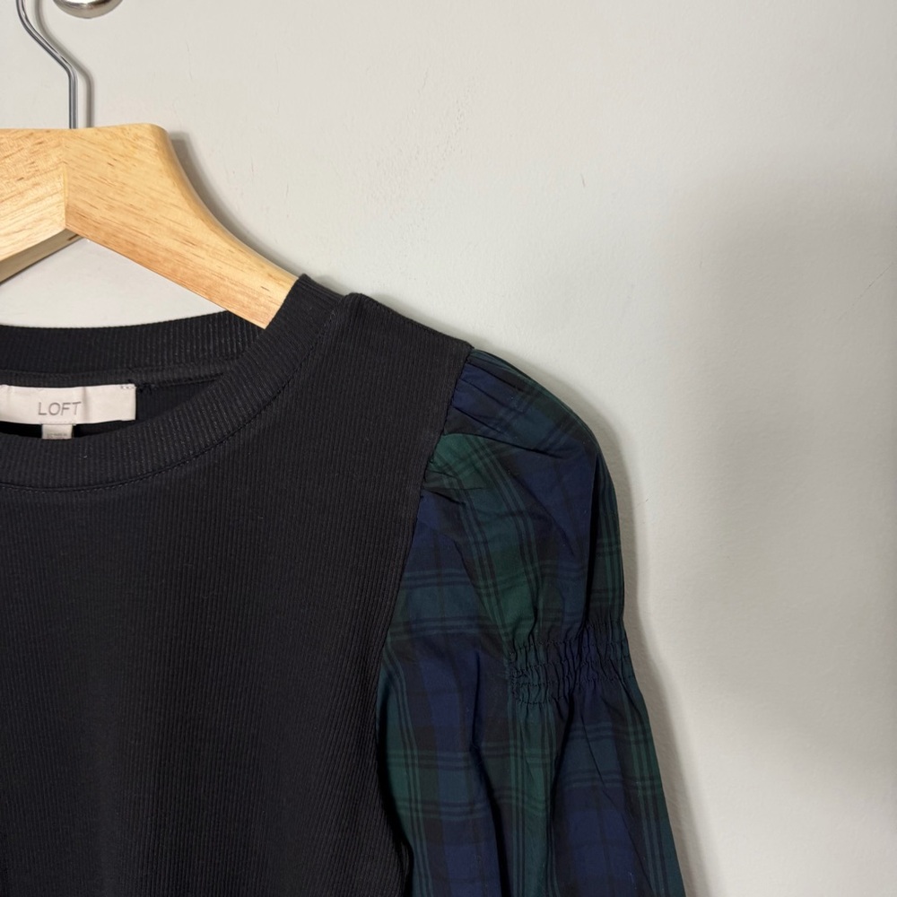 NEW LOFT Mixed Media Plaid Puff Sleeve Shirt Top Ribbed Bodice XS 621 - Picture 3 of 9
